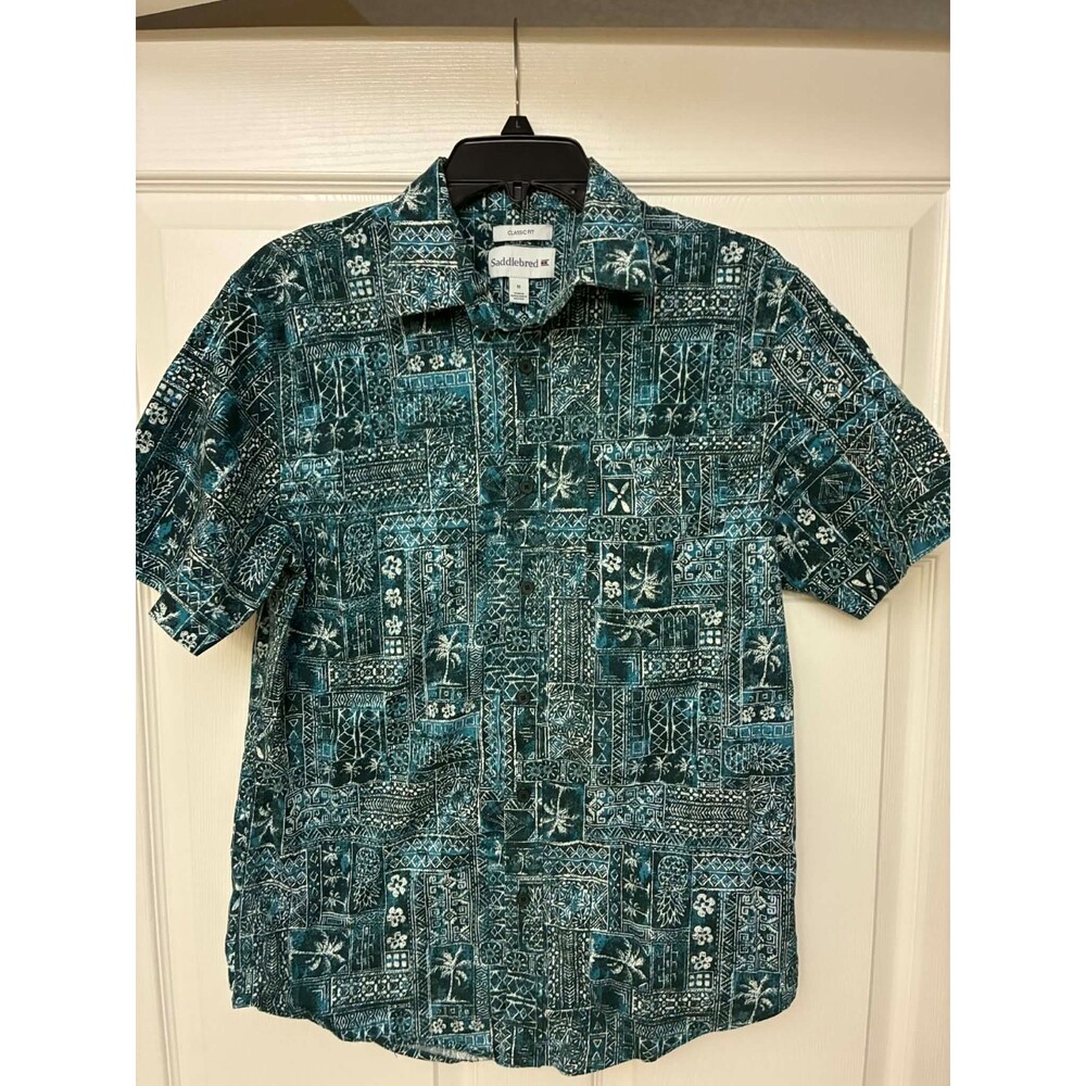 SaddleBred Men's M Classic Fit Hawaiian Aloha Shirt Teal Tribal‎ Cotton
